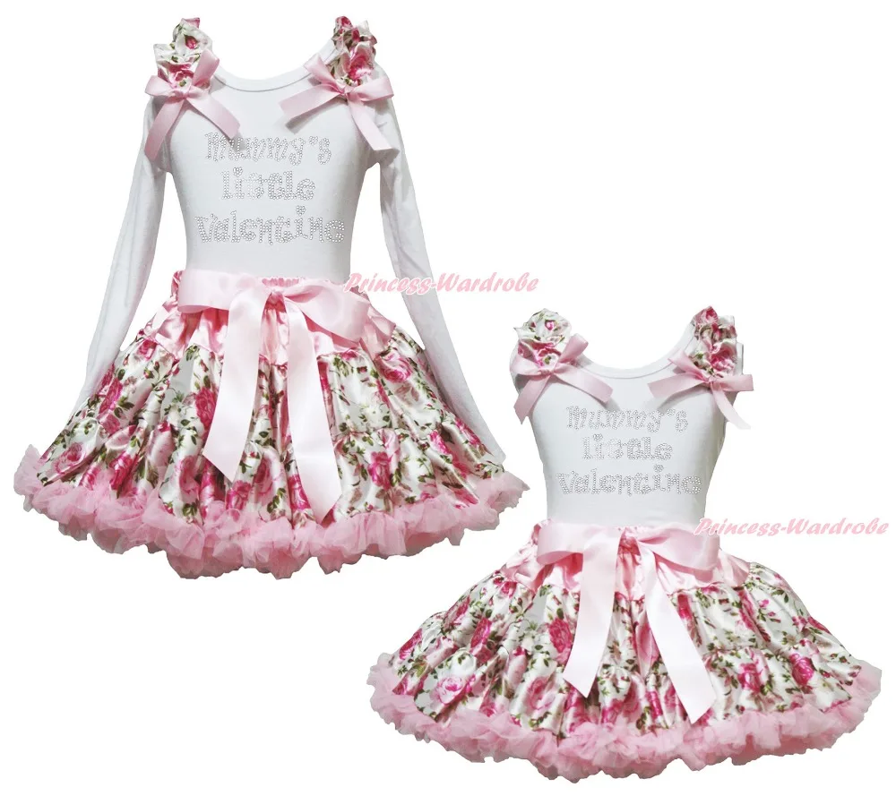 

Mummy Little Valentine Cotton White Top Rose Floral Girls Pettskirt Outfit 1-8Y