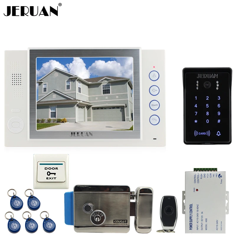 JERUAN 8`` LCD video door phone Recording intercom system New RFID waterproof Touch Key password keypad Camera 8G SD Card E-LOCK