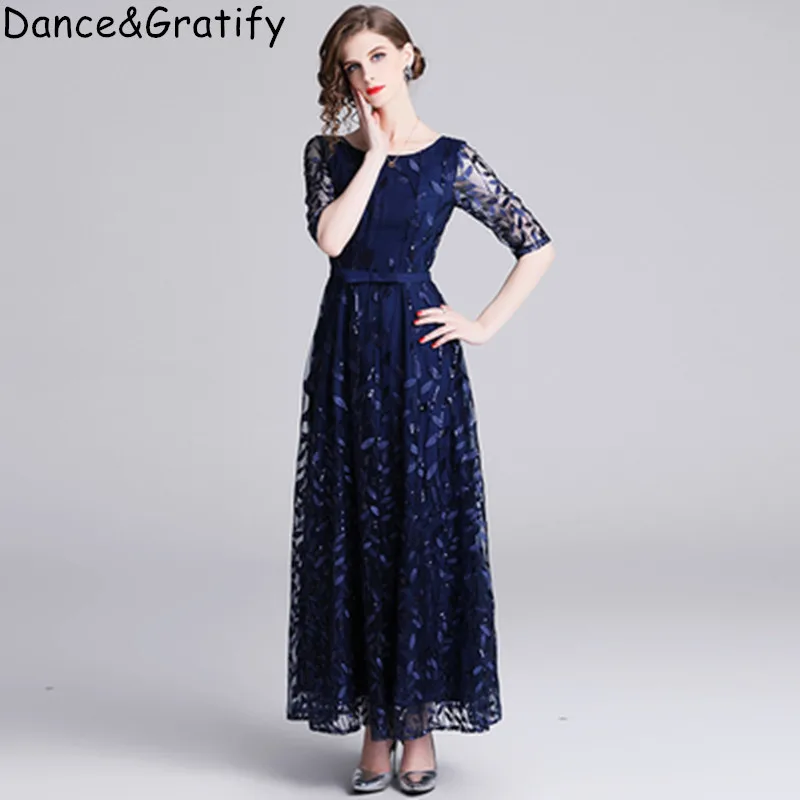 

New Fashion 2019 Half Sleeve Bohemian Party Dress Women's Mesh Embroidery Flowers Mid-calf Dress Plus Size XXL