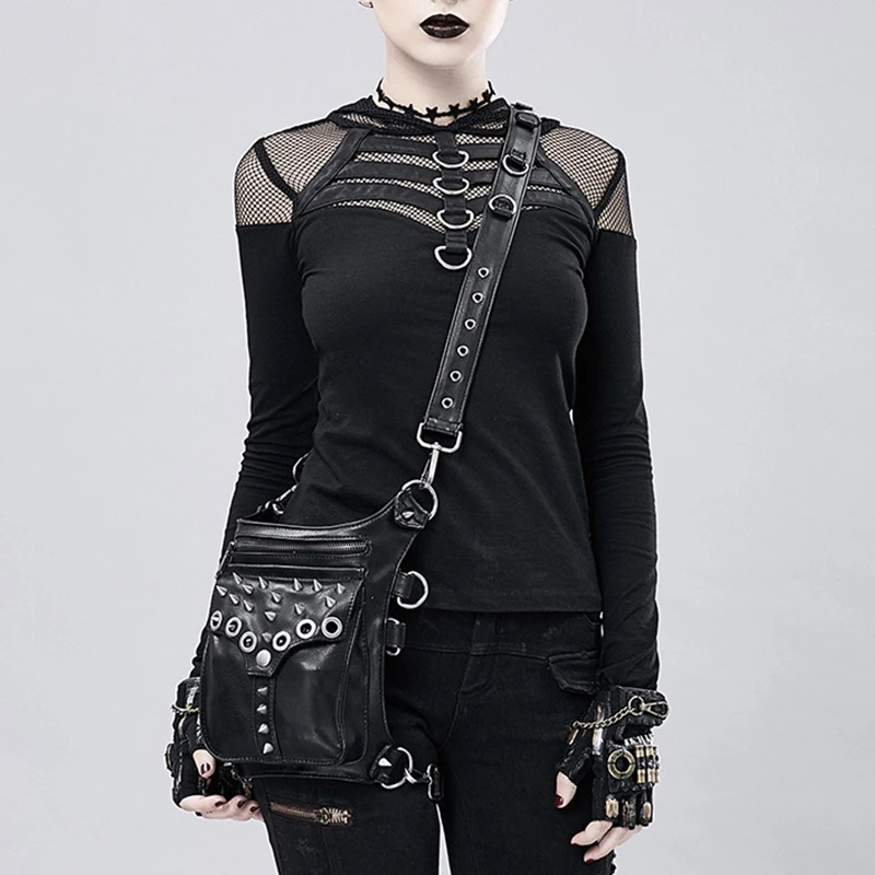 Bolsa da Cintura de Couro Bolsas de Perna Legal Bolsa Crossbody Preto Retro Rocha Steampunk Homens Mulheres Gothic Black Fanny Packs Moda Motocicleta