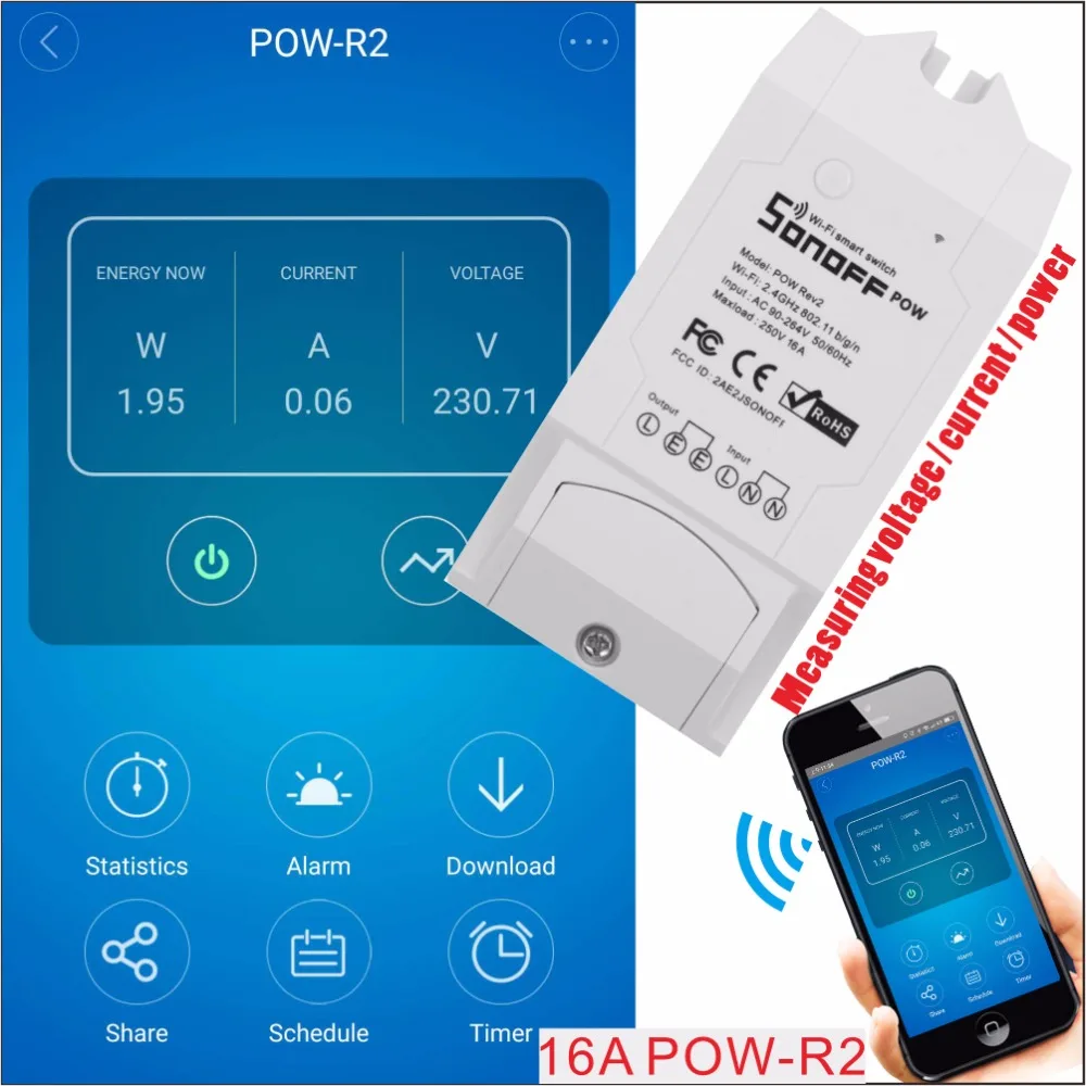 

Sonoff Pow R2 16A Wifi Smart Switch Monitor Energy Usage Smart Home Power Measuring Wi-fi Switch APP Control Works With Alexa