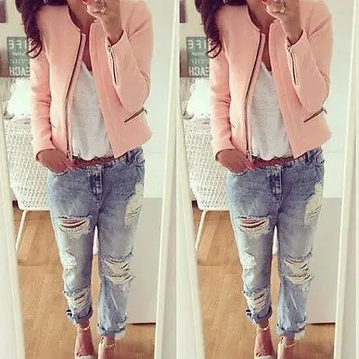 

ladies Cotton Zip Long Sleeve Biker Motorcycle Jacket Coats Blazer Slim Tops