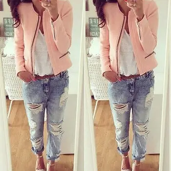 

ladies Cotton Zip Long Sleeve Biker Motorcycle Jacket Coats Blazer Slim Tops