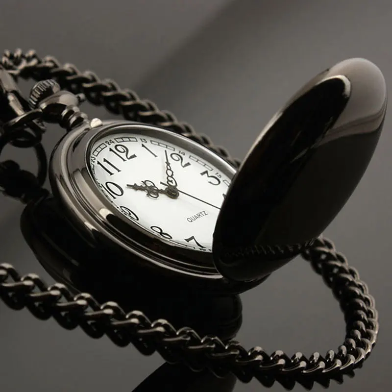 Simple Charm Black Smooth Steampunk Pocket Watch Men Women Necklace Pendant Clock Chain With Gift Box Birthday Gifts Good Price