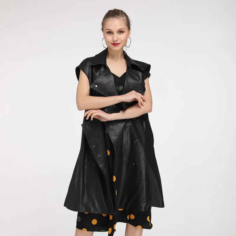 Maylofuer New Long Genuine Leather Jacket Women Real Leather Vest with Belt Fashion Coats