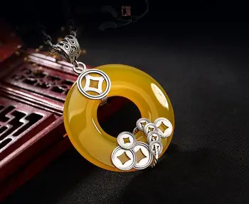 

S925 pure silver antique coins Huang Yusui inlaid safety buckle Pendant Long lady sweater chain pendant