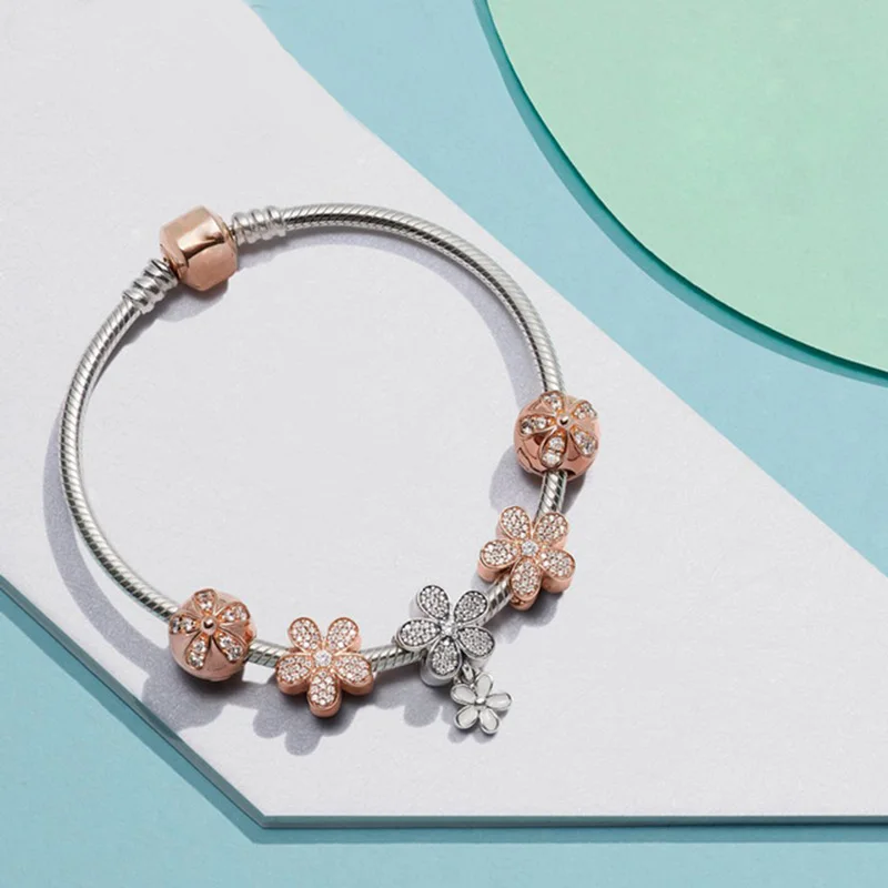 

NEW 100% 925 Sterling Silver Dazzling Daisy Charm Bracelet Set Fit DIY Original Jewelry Woman Bracelets Birthday Gift