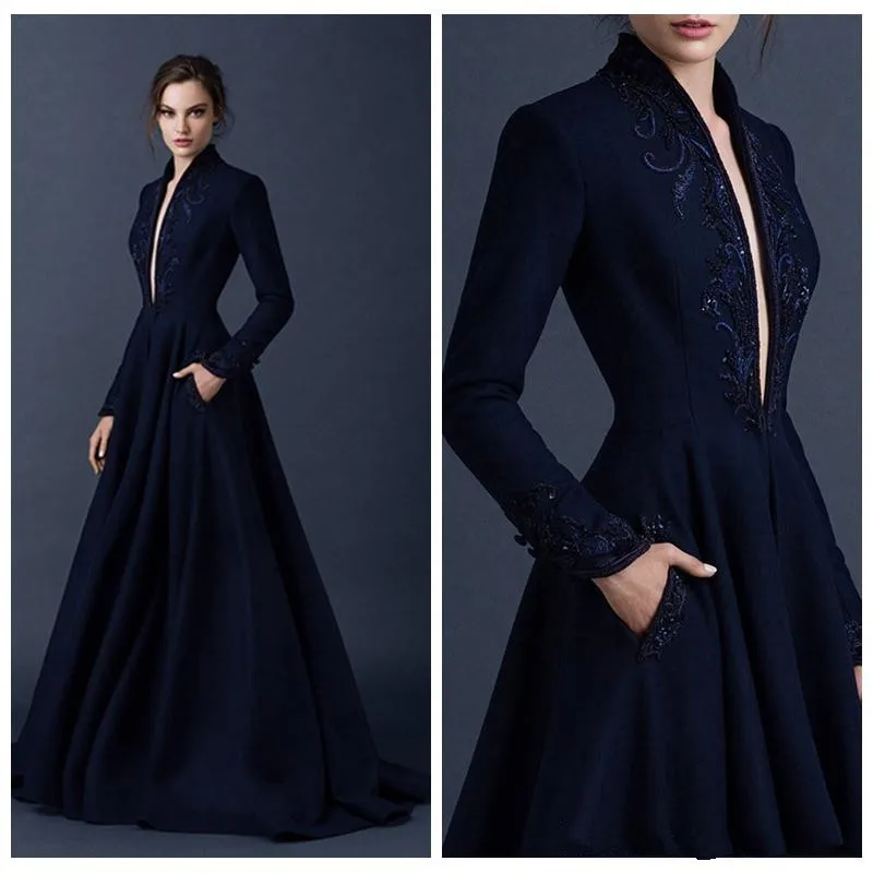 

Custom Made Navy Blue Embroidery Satin Dresses for Wedding Vestido Noiva Praia Casamento Long V-neck Evening Fromal Prom Gowns