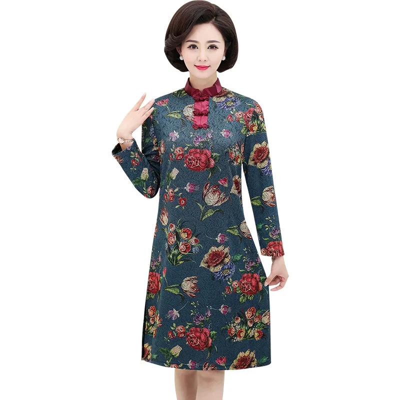 

2019 new floral qipao lady traditional chinese style cheongsam dresses women long sleeve knee length casual vintage dress 5xl