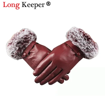 

HOT! Luxury Imported Real fur Leather gloves women Black Red Sheepskin Leather winter glove Genuine Thick Warm gloves