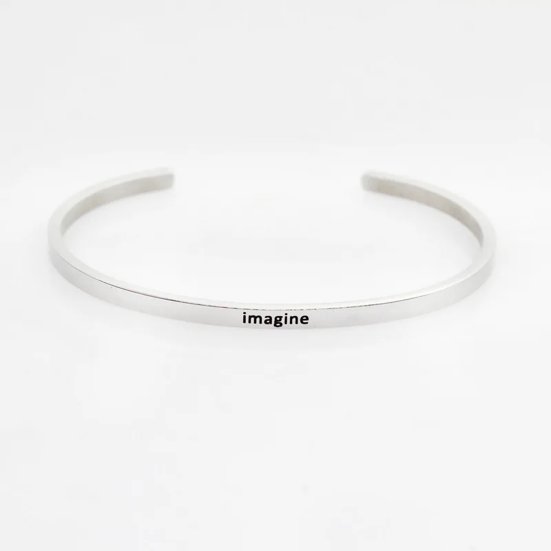 New Silver Stainless Steel Bangle Engraved Positive Inspirational Quote Hand Stamped Cuff Mantra Bracelets For Men Women - Окраска металла: imagine