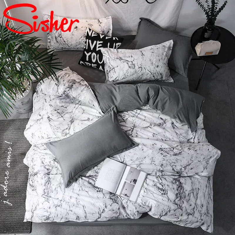 Modern White Marble Print Bedclothes Bedding Set Geometric Duvet