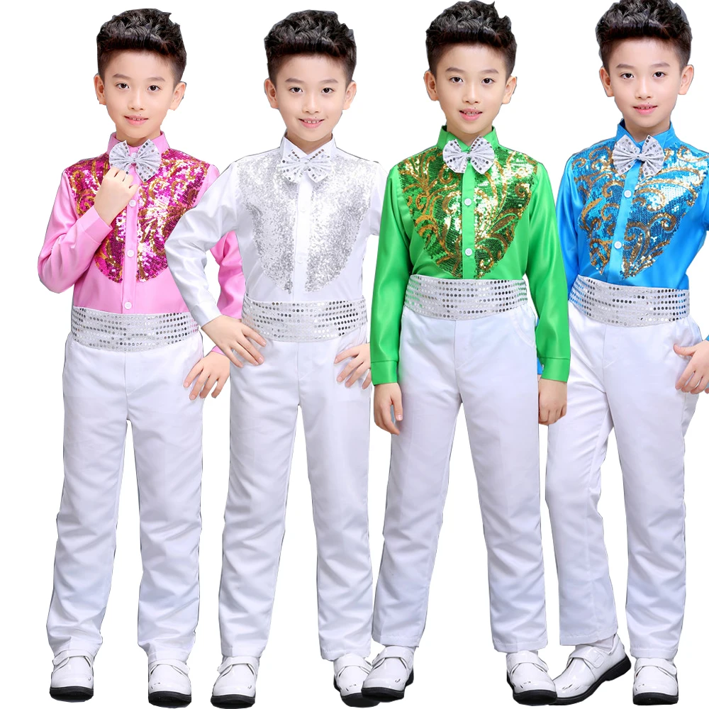 Tops +Pants +Tie Kids Sequined Hip Hop Jazz dance wear Suits Kids Competition costumes Children Ballroom Dancing clothing Outfit