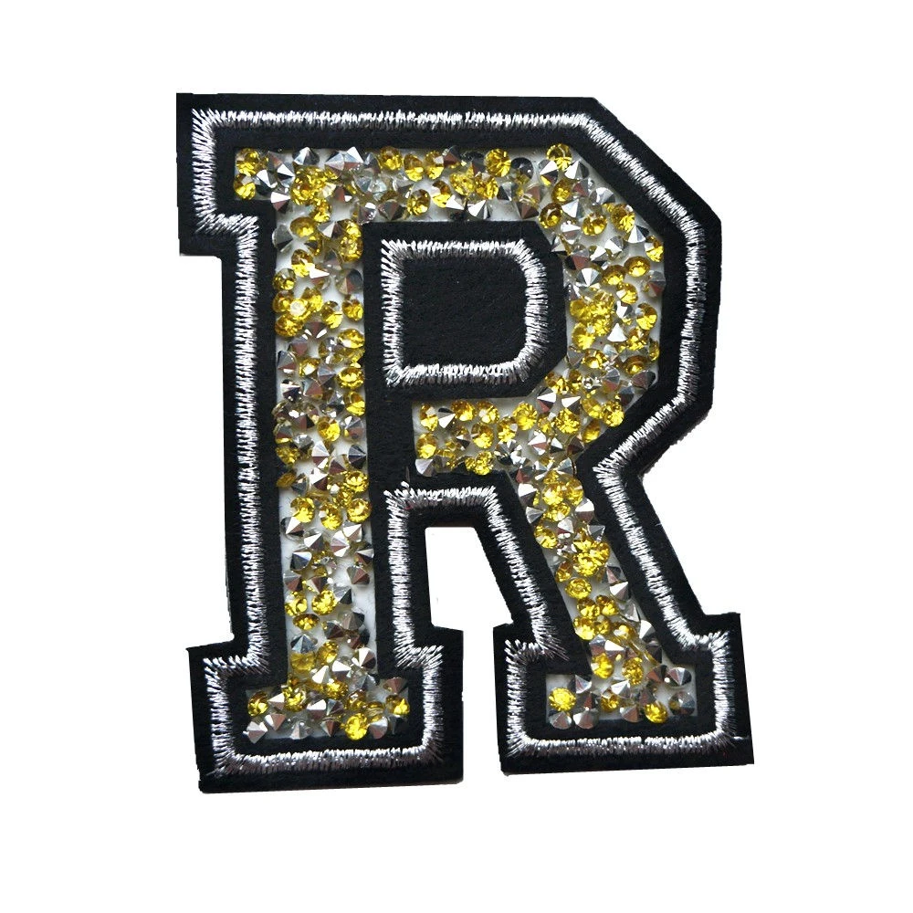 r letter yellow gold rhinestone alphabet silver edge sew iron on patches embroidered badges for clothes diy appliques craft patches aliexpress