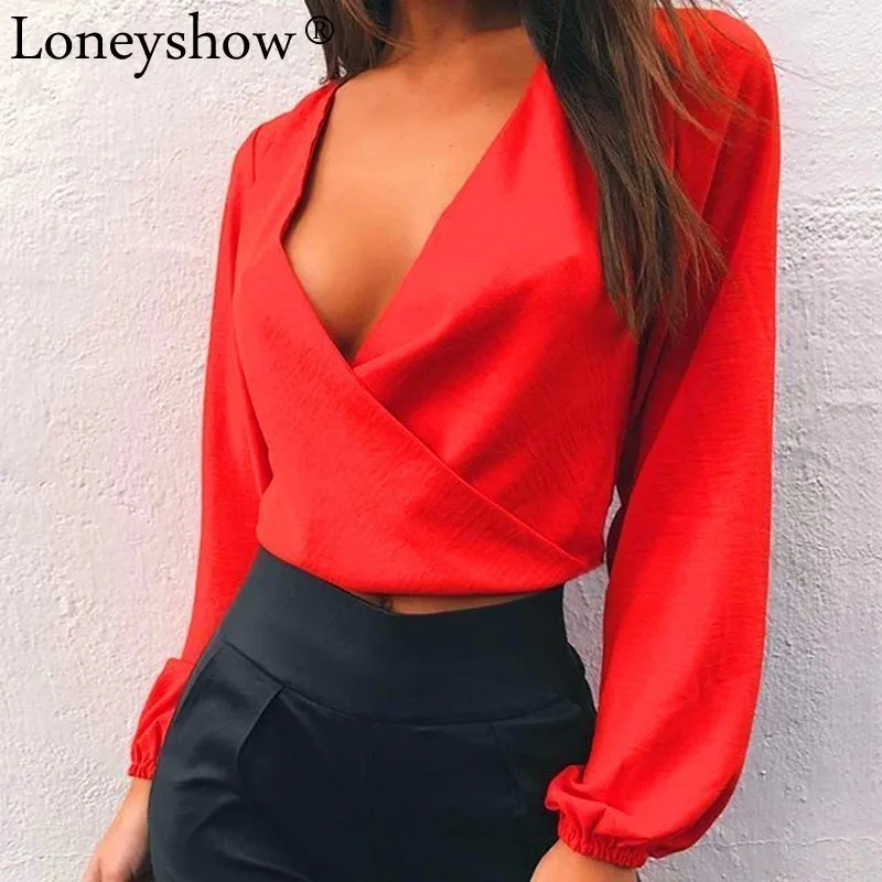 

Loneyshow Full Sleeve V Neck Backless Bow Short Chiffon Blouse Women Sexy Club Party Shirts 2018 Summer Best