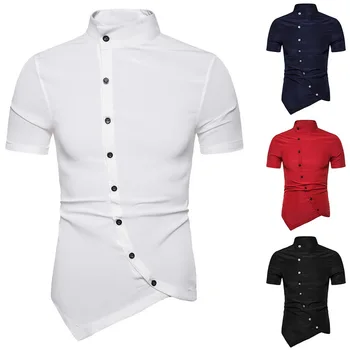 

2019 Men Shirt Summer Personality Oblique Button Irregular Shirt Men Hip Hop Casual Shirt New Short Sleeve Slim Male Shirts