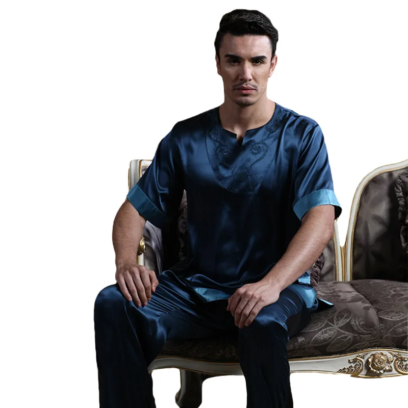 Luxury Embroidery Men Leisure Suits Pajamas Silk Man Set Plus Size Mansleepwear Sleeping Suits for Men Soft Stain Sleep Wearman