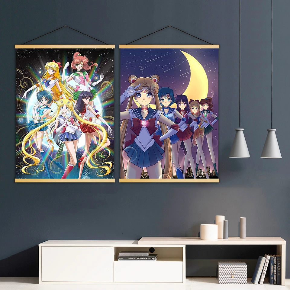 Canvas-Picture-Print-Sailor-Moon-Home-Decor-Animation-Girl-Nordic-Wooden-Scroll-Hanging-Painting-For-Living (1)