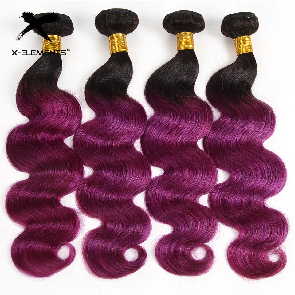 X-Elements Brazilian Ombre Body Wave Hair Bundles T1B 30 Burgundy 39J Purple Colored Human Hair Weave Non-Remy Hair Extensions (5)