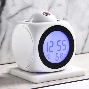 

LCD Digita Projection LED Display Time Digital Alarm Clock Talking Voice Prompt Thermometer Snooze Function