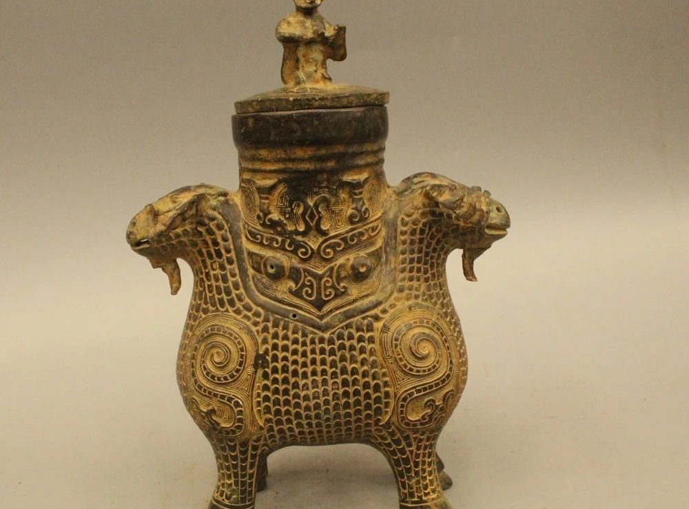 

11" Ancient Chinese Dynasty Bronze Wine Two Face Sheep Bird Pot Zun Bottle Vase