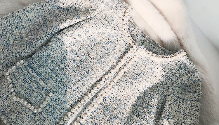 Светло-голубой твидовый пиджак + юбка, костюм 2019 весна/осень/зима, женский костюм, модный костюм из 2 предметов, шерстяной костюм с