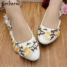 Sorbern/Женская обувь на плоской подошве с цветком желтой сливы; Свадебная обувь без застежки на плоской подошве с вышитыми бабочками и цветами; Новинка года