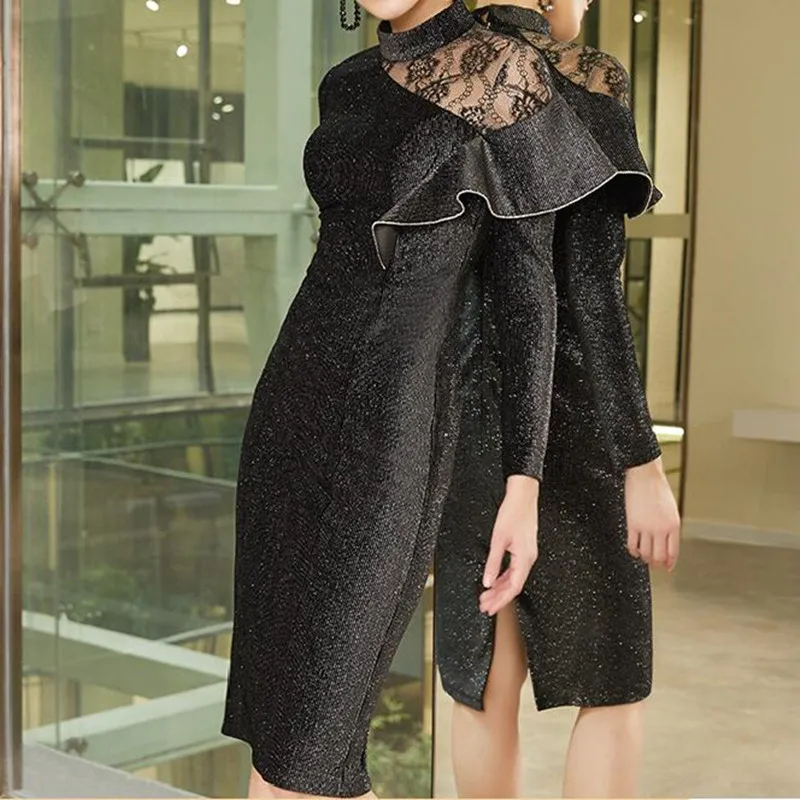 

Vintage Sexy Lace Patchwork Long Sleeve Stand collar Bodycon Women Wear to Work Office Pencil Dress Party Dress