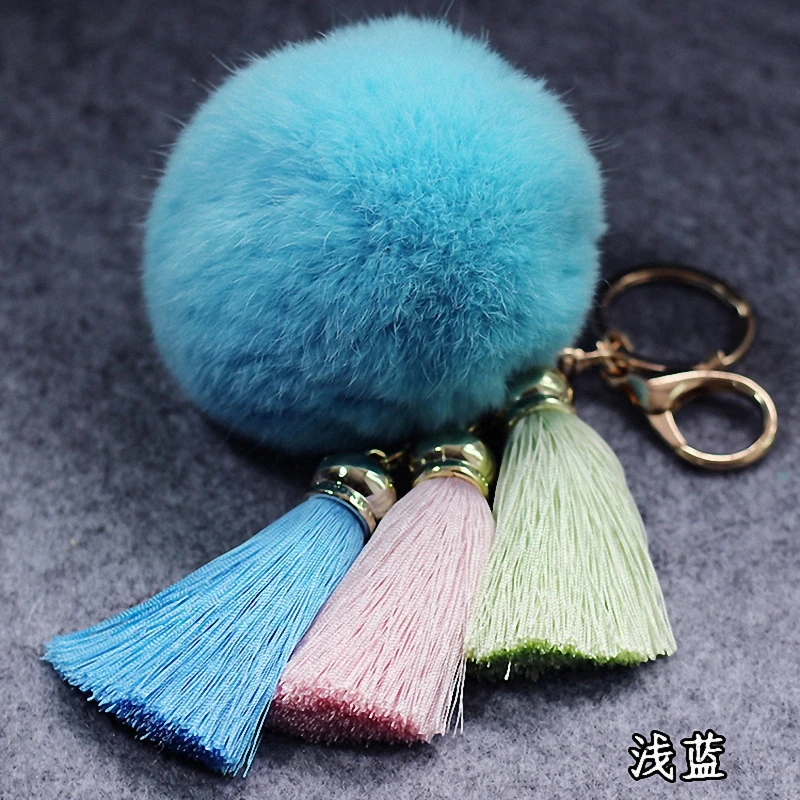

Hot sale Tassel Pompom Car Key Ring Pendant Fur Ball Keychain Rabbit Fur Plush Fur Key Chian POM POM Keychain TKK007-seablue