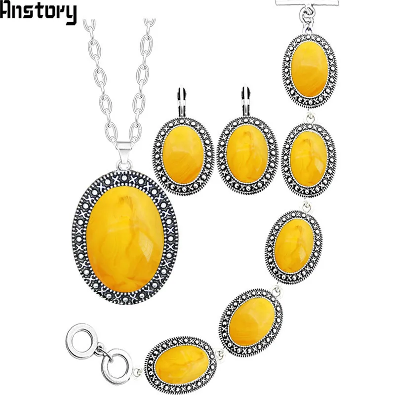 Oval Resin Bead Jewelry Set Antique Silver Plated Necklace Earrings Bracelet Fashion Jewelry TS414