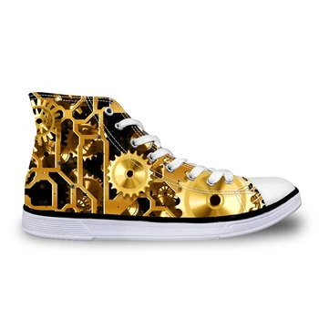

Noisydesigns High top canvas Women sneakers vintage vulcanized lace up flat shoes Female gold gears print Girls steampunk shoes