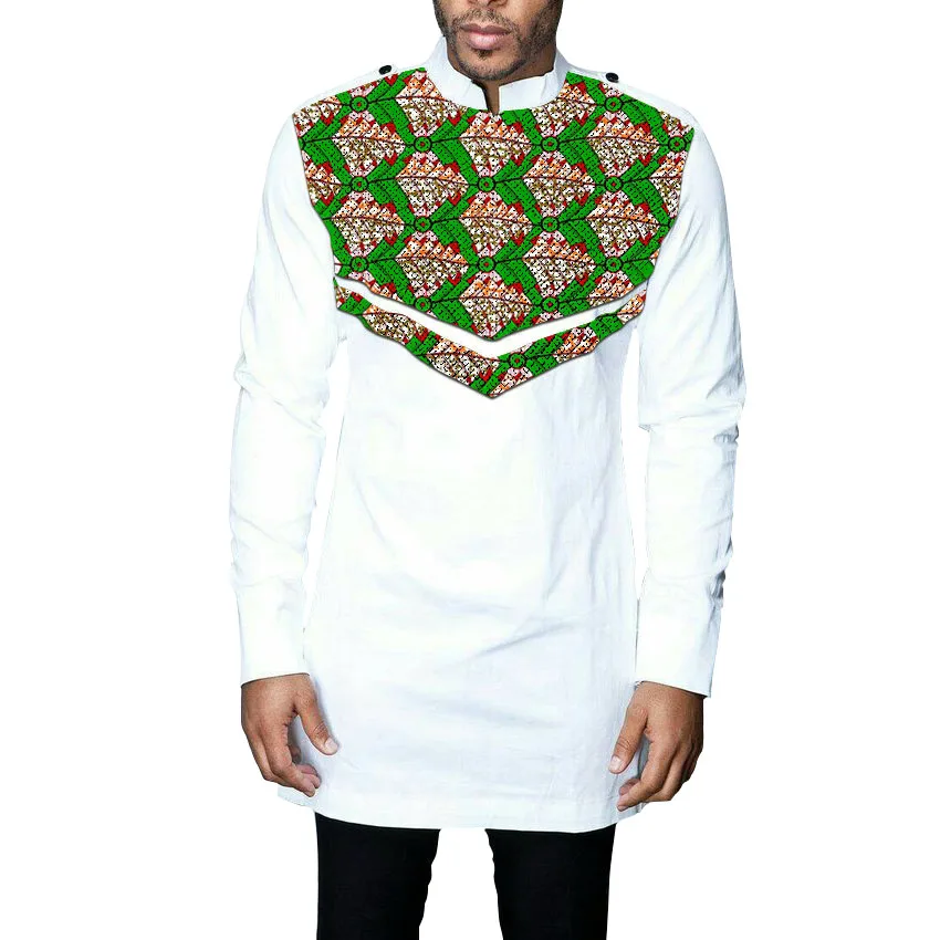 Африканский белый с принтом для мужчин dashiki рубашки для мальчиков одежда в африканском стиле лоскутное с длинным рукавом Стенд воротни
