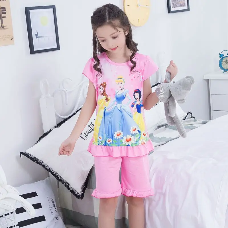 Детский пижамный комплект, летняя футболка с короткими рукавами+ шорты, детские пижамы, пижамы для девочек, детский набор для сна «Принцессы», От 3 до 13 лет