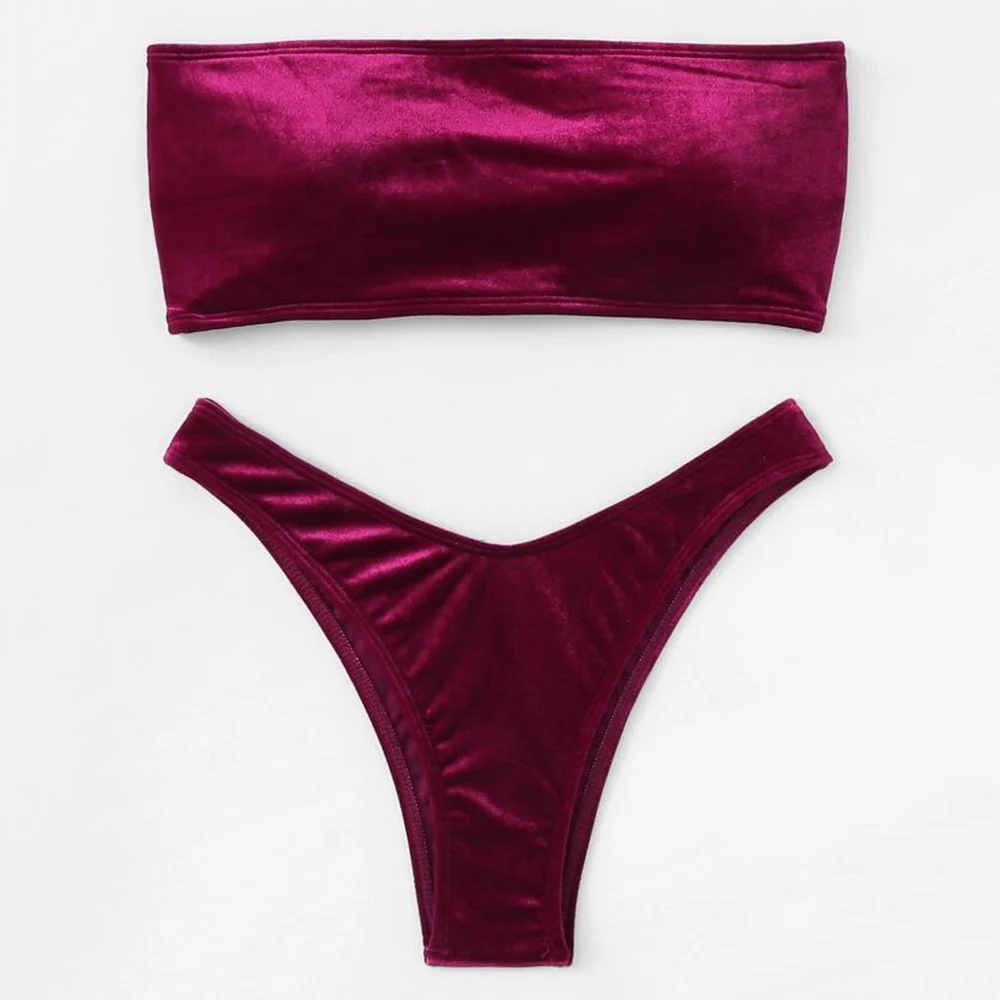 

Bikini Thong Velvet Swimsuit Solid Sexy Bandeau Bikini Set Swimming Suit For Women Swimwear Brazilian Bathing Suit May Bathers