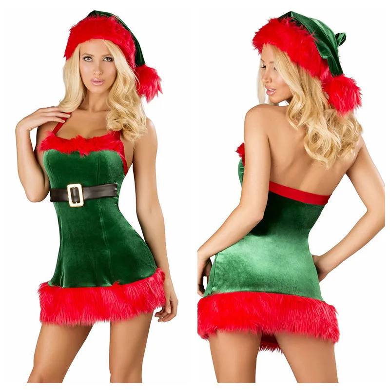 Женское сексуальное платье Санта Клауса Cosutme Green Рождественская елка Рождественская вечеринка нарядное платье - Цвет: No Leg Warmers