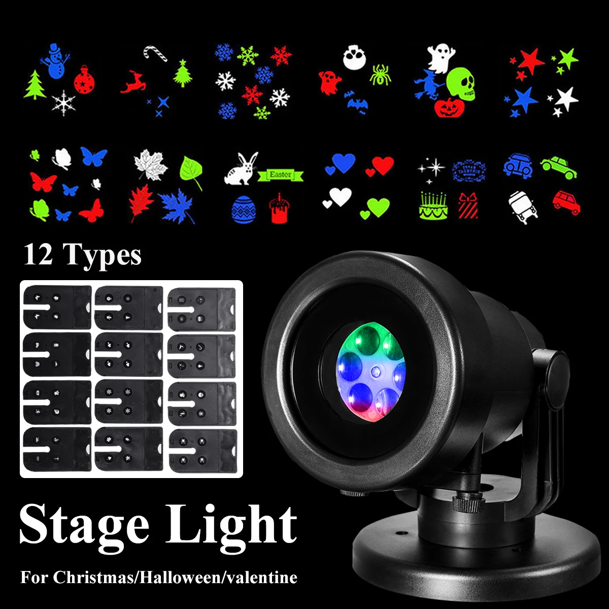

12Patterns Snowflake Projector LED RGB Laser Stage Light for Festival DJ Disco Christmas Halloween Party Dancing Lamp EU/UK Plug