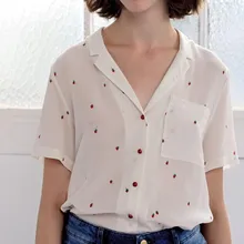 

100% Silk strawberry print short sleeve chemise volare fraises sweet women white blouse shirts with glitter red buttons