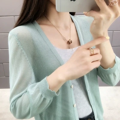 

2019 New spring and summer summer female knit iced silk v-neck cardigan jacket with semi-permeable
