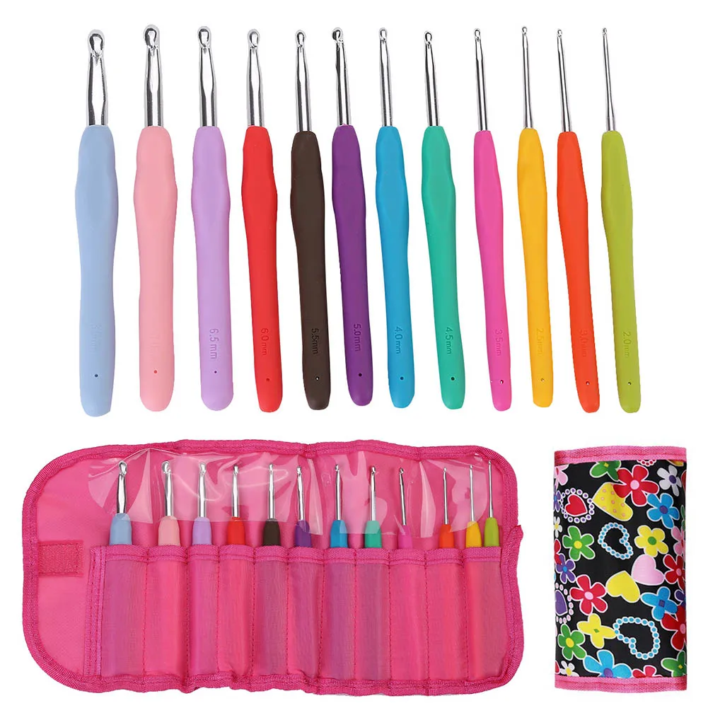 

12 Pcs/Set Crochet Hooks With Flowers Bag Hoses Handle Weave Craft Sweater Knitting Needles 2.0-8.0mm WXV Sale