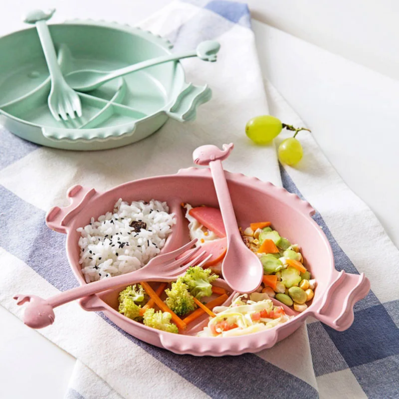 

Kids Cartoon Wheat Straw Fish Dish Plate Bowl Dinnerwares with Spoon Fork Creative Lunch Trays Tableware