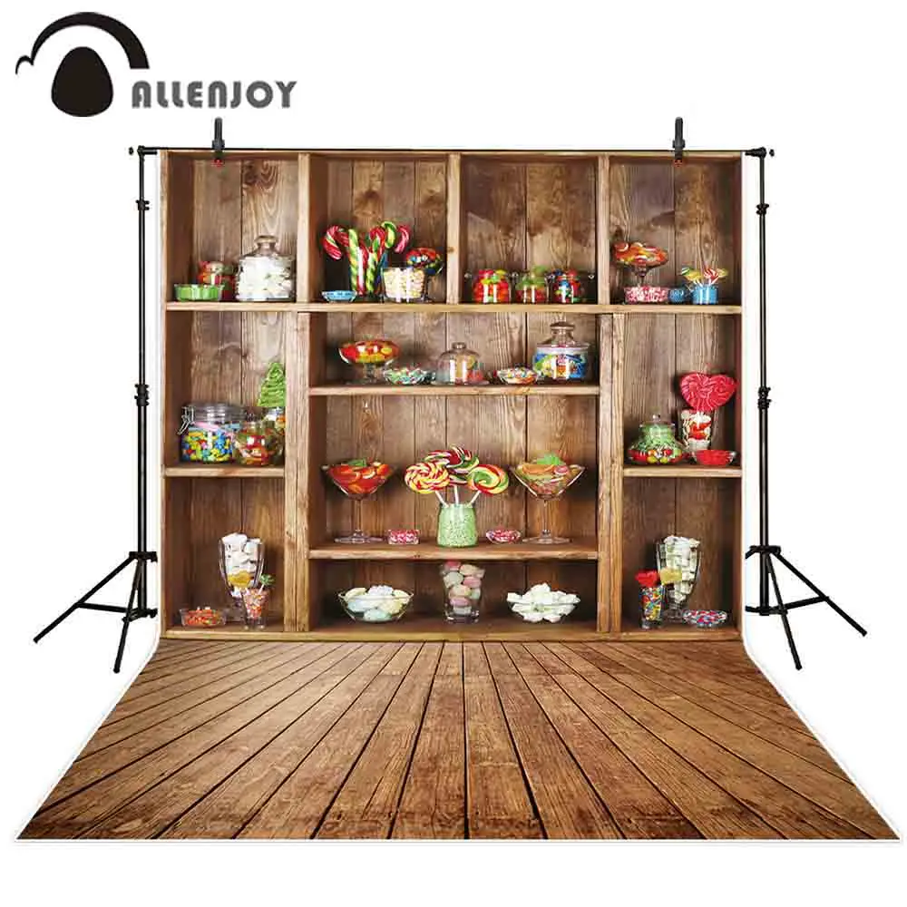 

Allenjoy photography backgrounds colorful candies vintage wood shelves backdrop photo studio prop photophone photocall decor