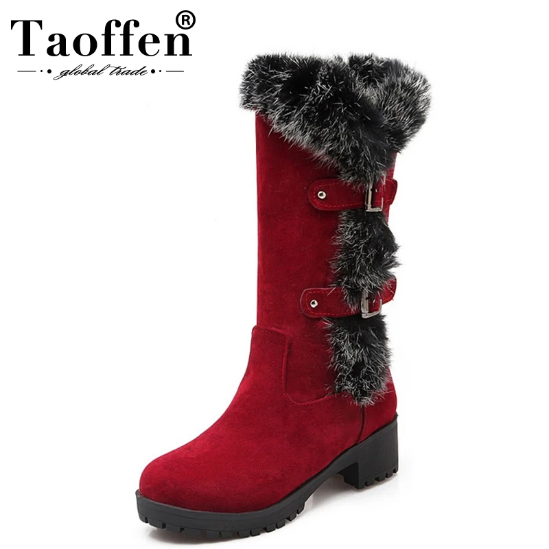 Mature Warm Fur Round Toe Slip On Med Square Heel Platform Mid Calf ...