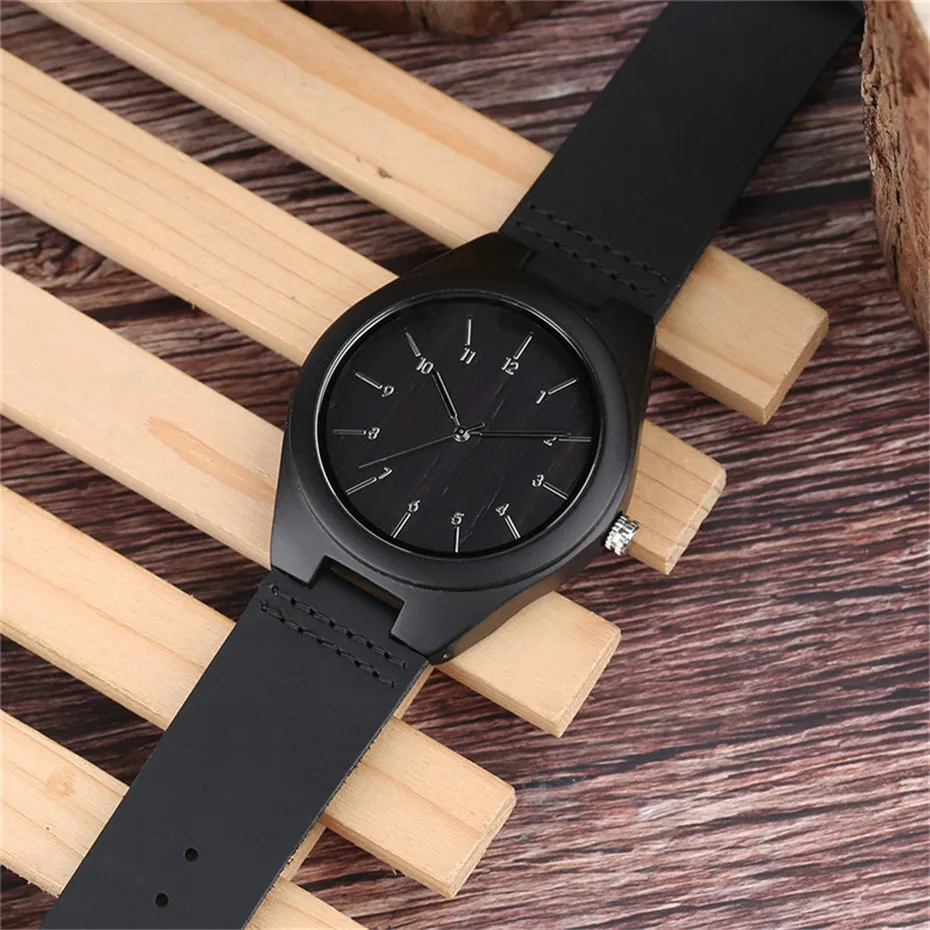 Black Cool Nature Wood Arabic Number Men Quartz Wrist Watch Analog Casual Brown Genuine Leather Band Strap Sport Clock Gift (12)