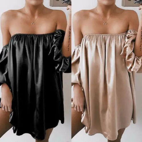 

Summer Women Off Shoulder Short Sleeve Dresses Club ulzzang Party Mini Dress Summer Casual Silk Plain Sundress New Fashion