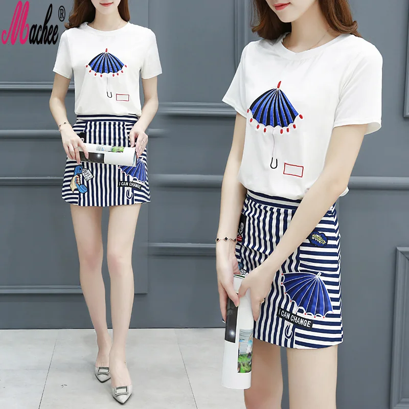 

2018 New Spring Suit Mini Summer Short Appliques Dresses Women Casual Two Pieces Set White Short Sleeve Woman T Shirt Dress Suit