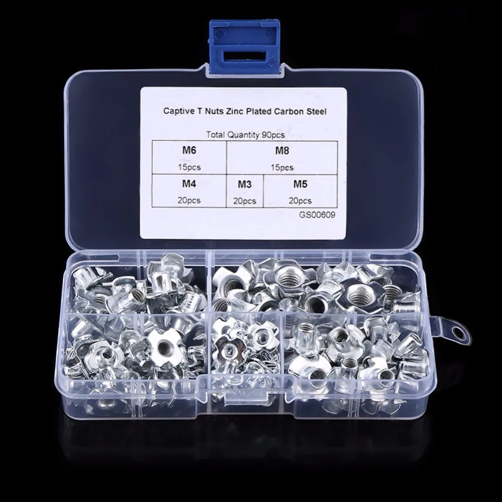 

90Pcs/Set Carbon Steel M3/M4/M5/M6/M8 Four Pronged T Nuts Blind Inserts Nut for Wood Furniture Fastener Wholesale