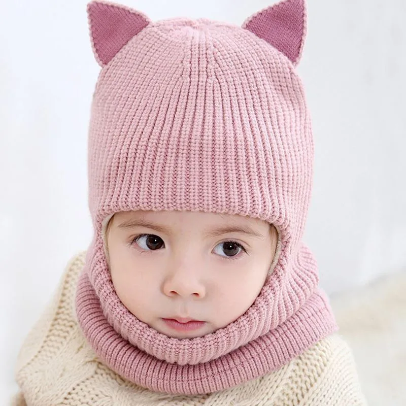 Winter cap Knitted Baby Girls Boys Hat with Warm Fleece Lining Cute Cat Ears Hats for Kids beanie Knitted Hat gorro - Color: 4