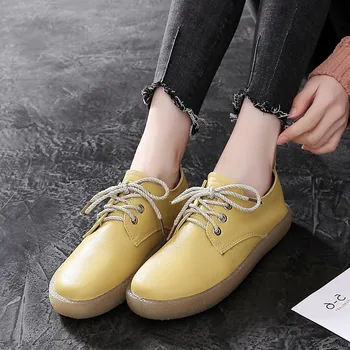 

2019 new wild leather soft bottom flat shoes comfortable non-slip round head lace-up shoes tendon bottom women's shoes.