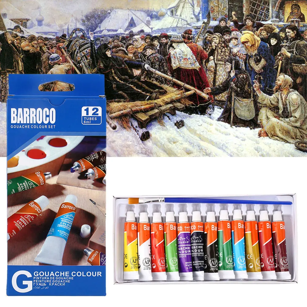 

1 Set 12 Colors 6ML Gouache Paint Tube With Brush Pen Children Artist Art Supplies Gouache Pigment Drop shipping