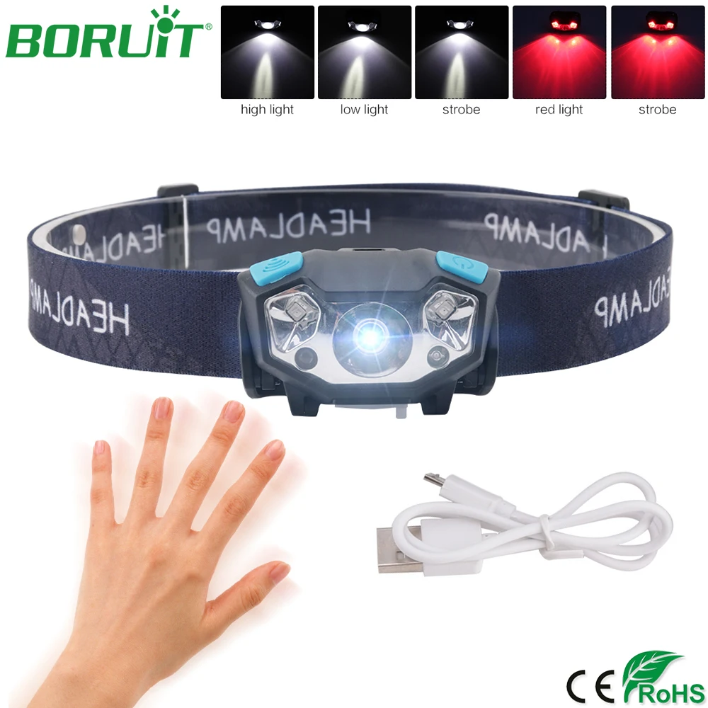 

BORUiT USB Rechargeable Sensor LED Headlamp Flashlight Portable Lantern Waterproof Camping Hunting Head Torch Light with Battery